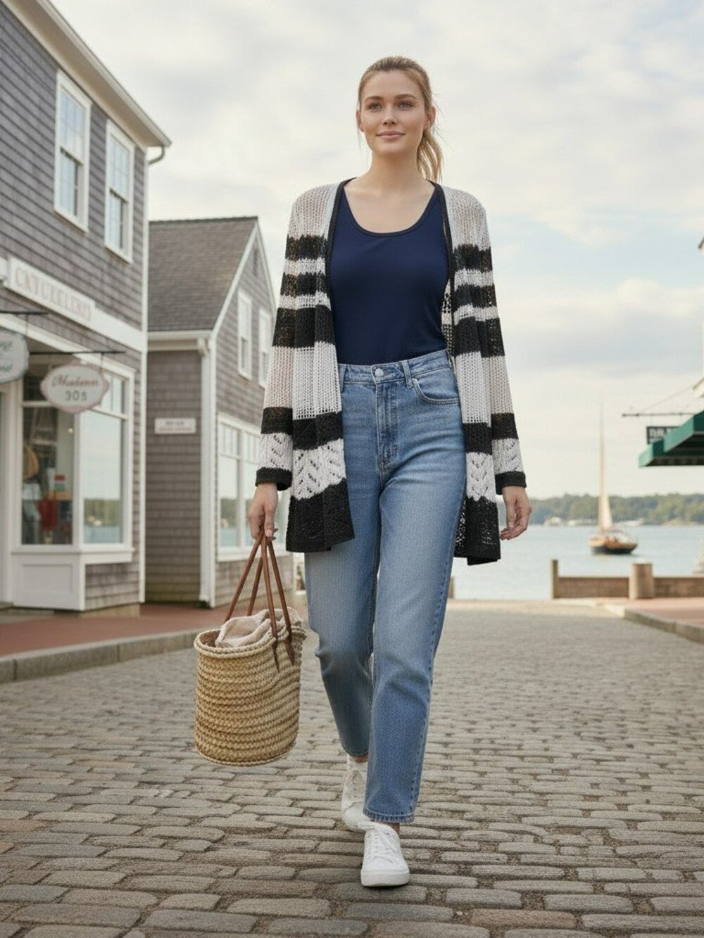 Roz & Ali Black and White Open-Front Striped Knit Cardigan. Size Small.